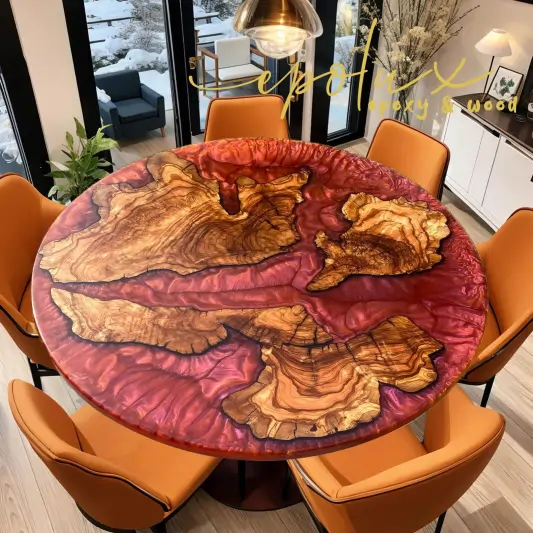 Red contour round epoxy table - handcrafted dining table