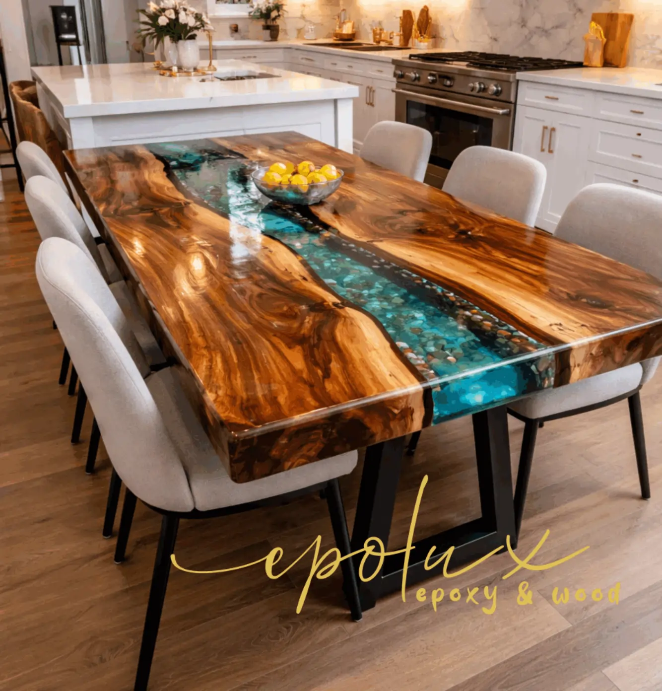 Oak river table with blue epoxy - custom dining table Slovenia